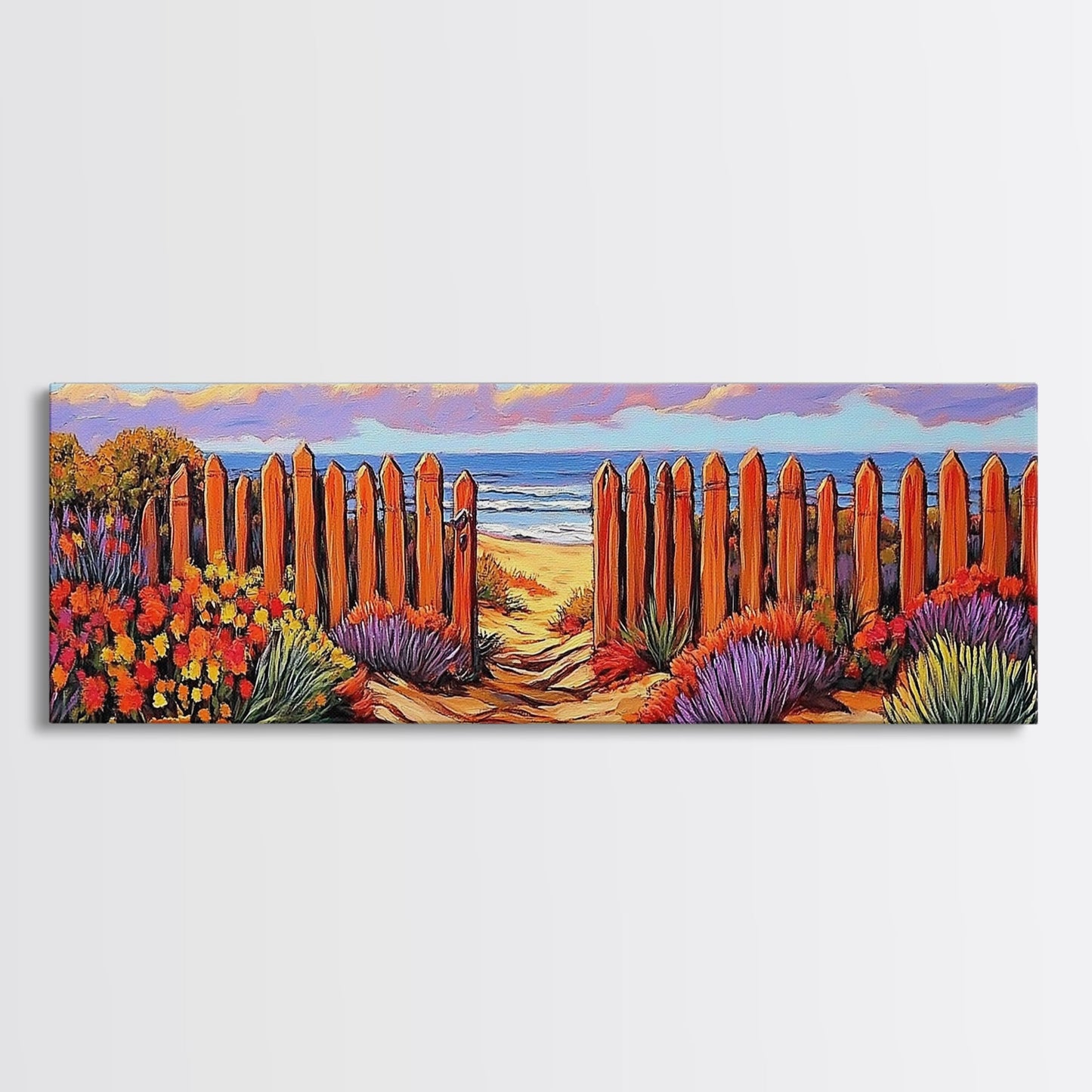 Beach Fence Trail, Ocean Coastal View, Sandy Pathway, Framed Canvas Print, Vibrant Seaside Art, Bathroom or Entryway Decor