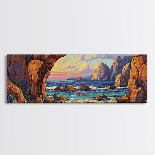 Coastal Archway View, Rocky Beach Sunset, Ocean Serenity, Framed Canvas Print, Nautical Living Room Art, Seaside Escape Scene
