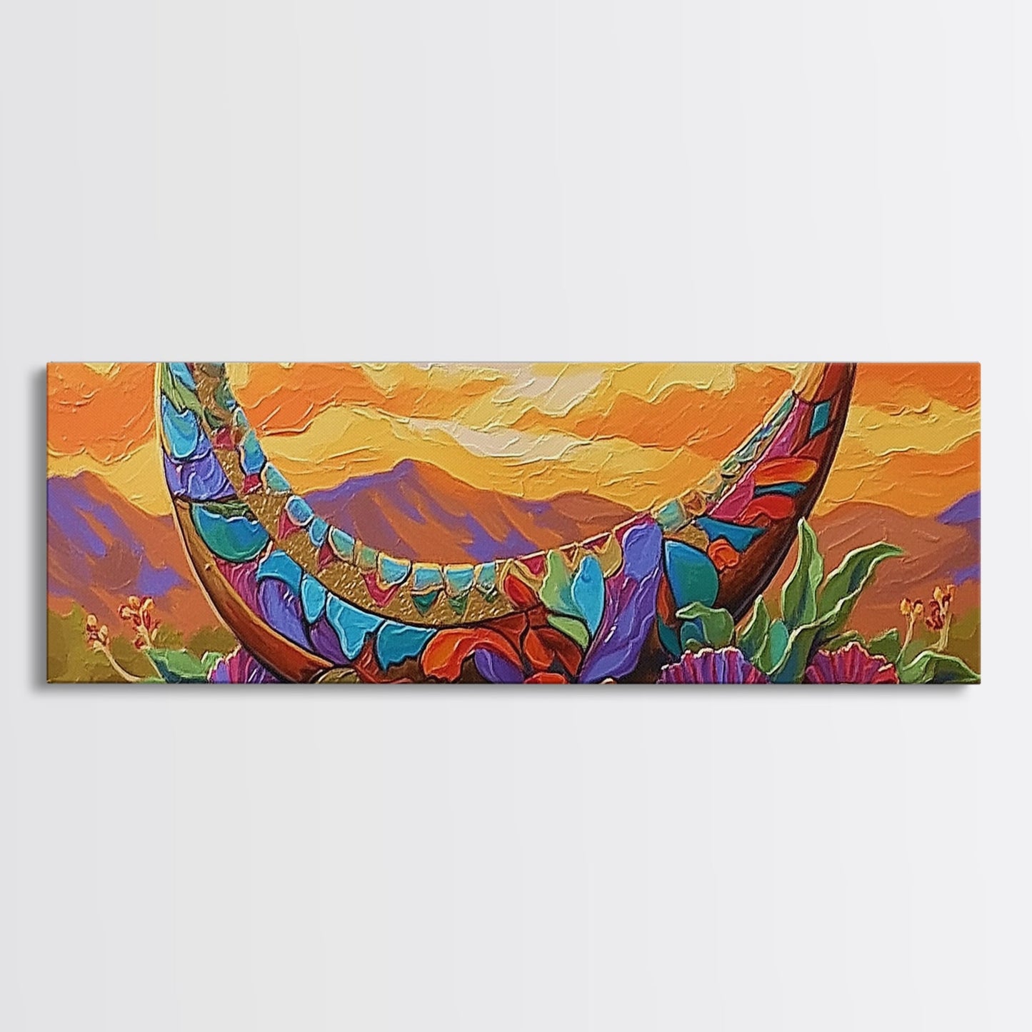 Crescent Moon, Floral Sunset, Western Vibes, Framed Canvas Print, Desert Boho Wall Art, Living Room Decor, Whimsical Southwestern Art