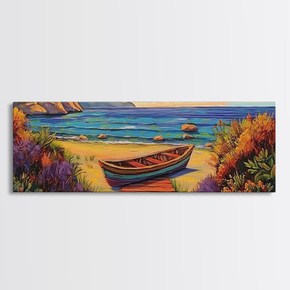 Beach Rowboat Painting, Tranquil Shoreline Scene, Coastal Landscape Art, Summer Lake House Style, Framed Canvas Print, Nature Wall Art
