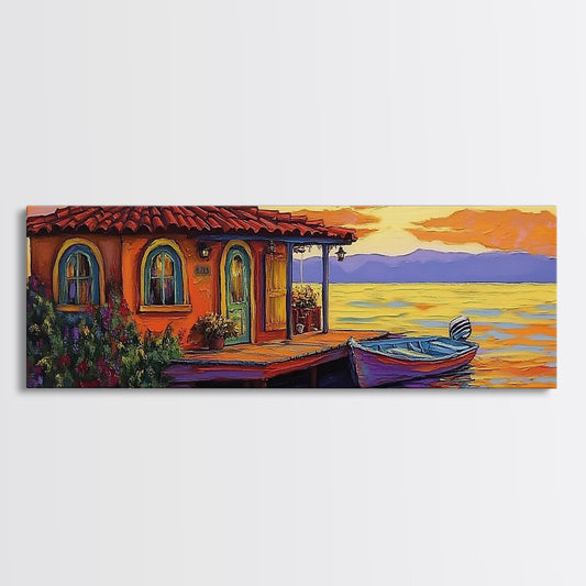 Lakeside Sunset Cabin, Boat Dock Painting, Tranquil Water Scene, Autumn Lake Wall Decor, Framed Canvas Print, Cottagecore Style Art