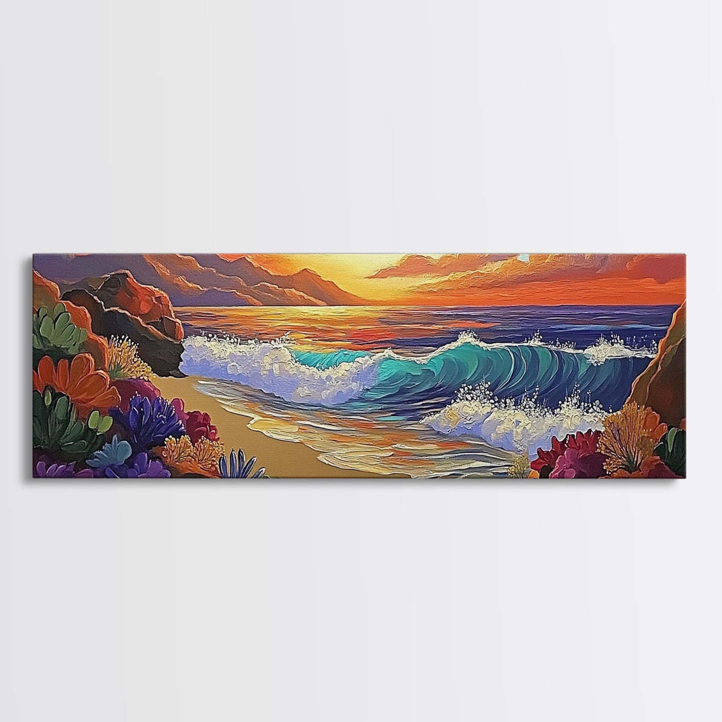 Coastal Sunset, Ocean Waves, Tropical Flowers, Vibrant Seascape, Framed Canvas Print beach wall decor, boho art, living room wall art