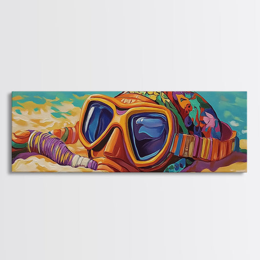 Snorkel Mask, Beach Fun, Vibrant Waves, Framed Canvas Print, Coastal Bathroom Wall Art, Bright Tropical Decor, Playful Ocean Art