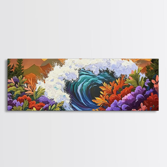 Wave Crash, Mountain Sunset, Forest Shoreline, Framed Canvas Print, Nature Wall Art, Colorful Fall Decor, Coastal Cabin Aesthetic