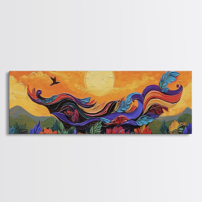 Abstract Bird, Flying Feathers, Bold Sunset, Canvas Print, Vibrant Boho Art, Living Room Statement Piece, Fall Color Palette