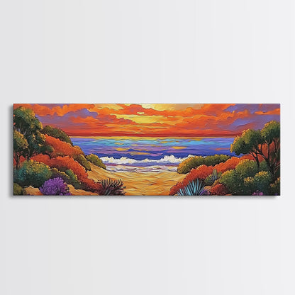 Autumn Sunset Path, Beach Trail Art, Vibrant Landscape, Framed Canvas Print, Fall Home Decor, Coastal Living Room Wall Art, Boho Art
