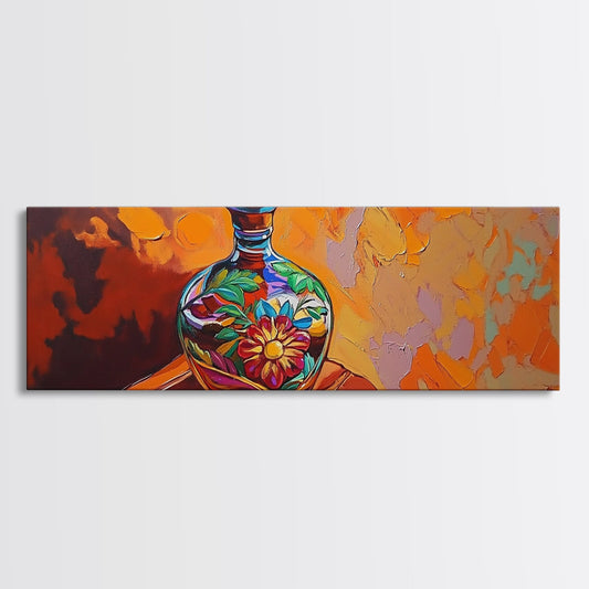 Floral Bottle, Colorful Glass, Mexican Folk Art, Whimsical Still Life, Canvas Print, Kitchen Wall Art, Eclectic Home Decor