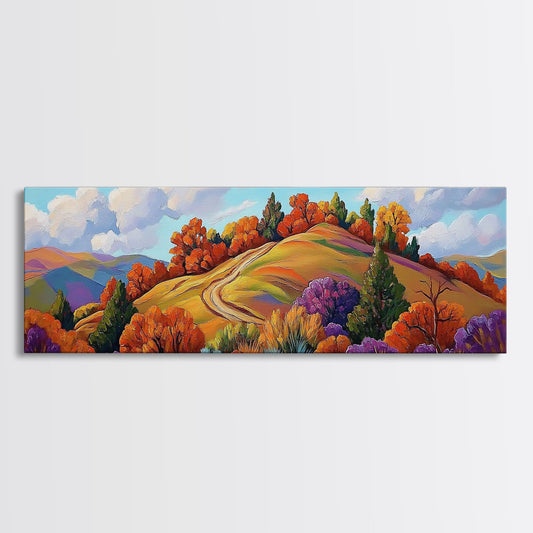 Autumn Hillside Scene, Fall Forest Art, Framed Canvas Print, Colorful Landscape Wall Decor, Cozy Living Room or Cabin Wall Art