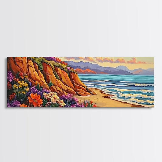 Cliffside Flowers, Ocean Waves, Sunset Coast, Canvas Print, Vibrant Coastal Wall Art, Bedroom or Bathroom Decor, Bohemian Beach Art