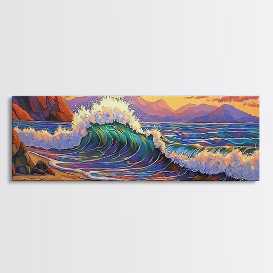 Ocean Wave, Seaside Spray, Rocky Shore, Sunset Skies, Canvas Print, Bathroom Wall Art, Coastal Decor, Colorful Nature Painting