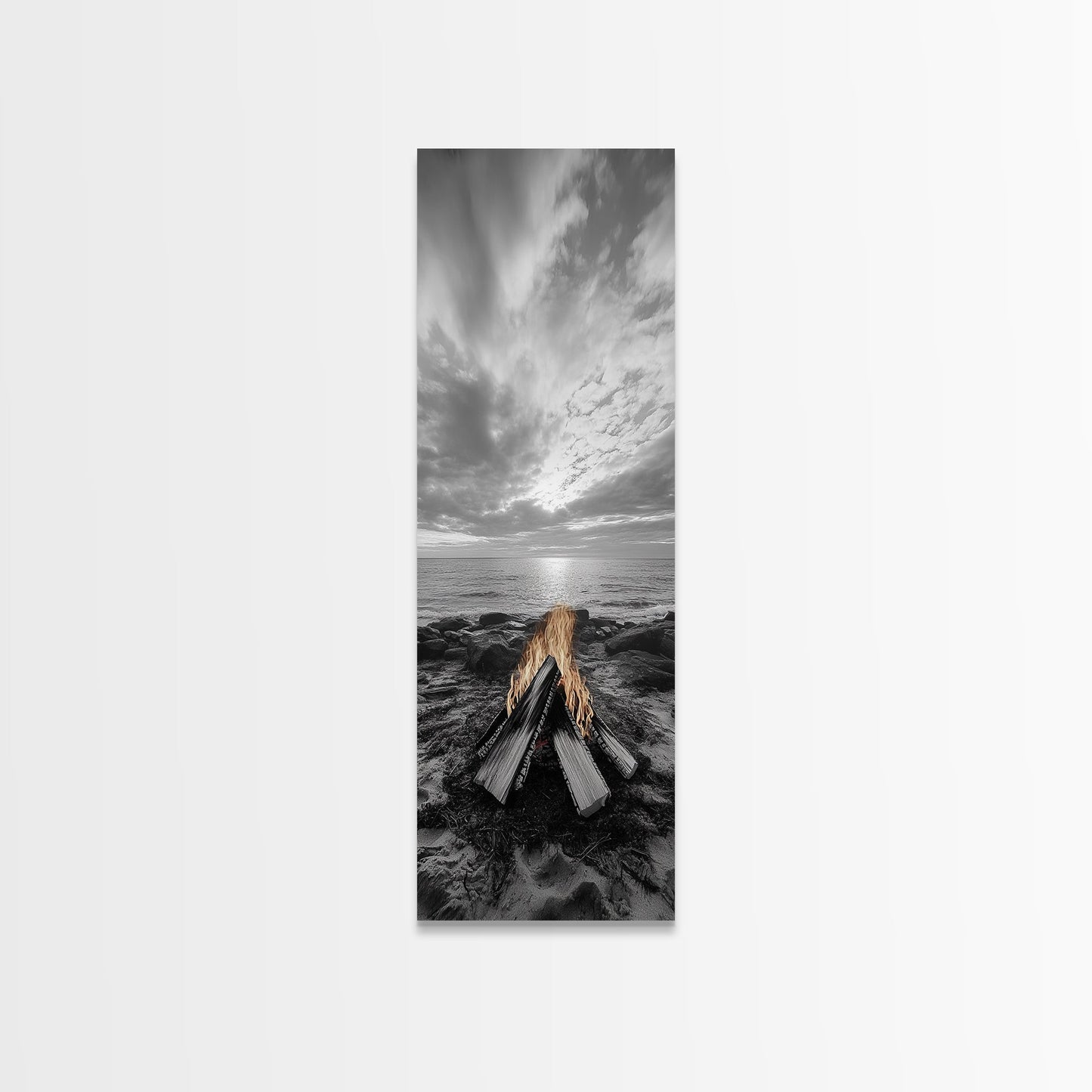 Beach Bonfire Glow, Coastal Campfire Art, Sunset Ocean Scene, Framed Canvas Print, Autumn Decor, Rustic Living Room Wall Art