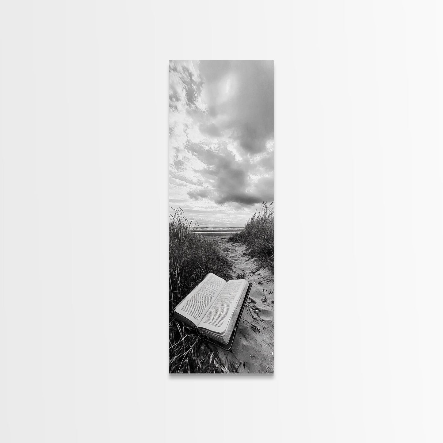 Bible on Beach, Spiritual Escape, Coastal Tranquility, Nature Meditation, Canvas Print, Faith Wall Art, Office Decor, Minimalist Art