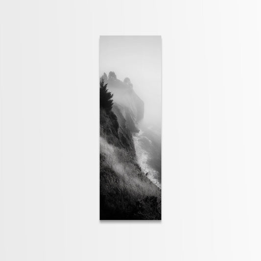 Cliffside Fog, Coastal Mist, Ocean Overlook, Framed Canvas Print, Living Room Wall Art, Monochrome Decor, Moody Landscape, Minimalist Home