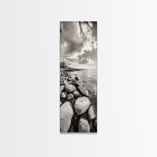 Sunrise Shore, Tranquil Coast, Pebble Beach, Golden Glow, Framed Canvas Print Fall Wall Art, Landscape Living Room Decor, Minimalist Aesthetic