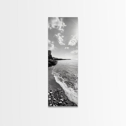 Coastal Shoreline, Pebble Beach, Ocean Breeze, Canvas Print, Bathroom Wall Art, Minimalist Decor, Black White Photography, Seaside Vibe