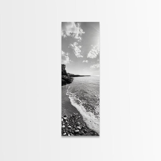 Coastal Shoreline, Pebble Beach, Ocean Breeze, Canvas Print, Bathroom Wall Art, Minimalist Decor, Black White Photography, Seaside Vibe
