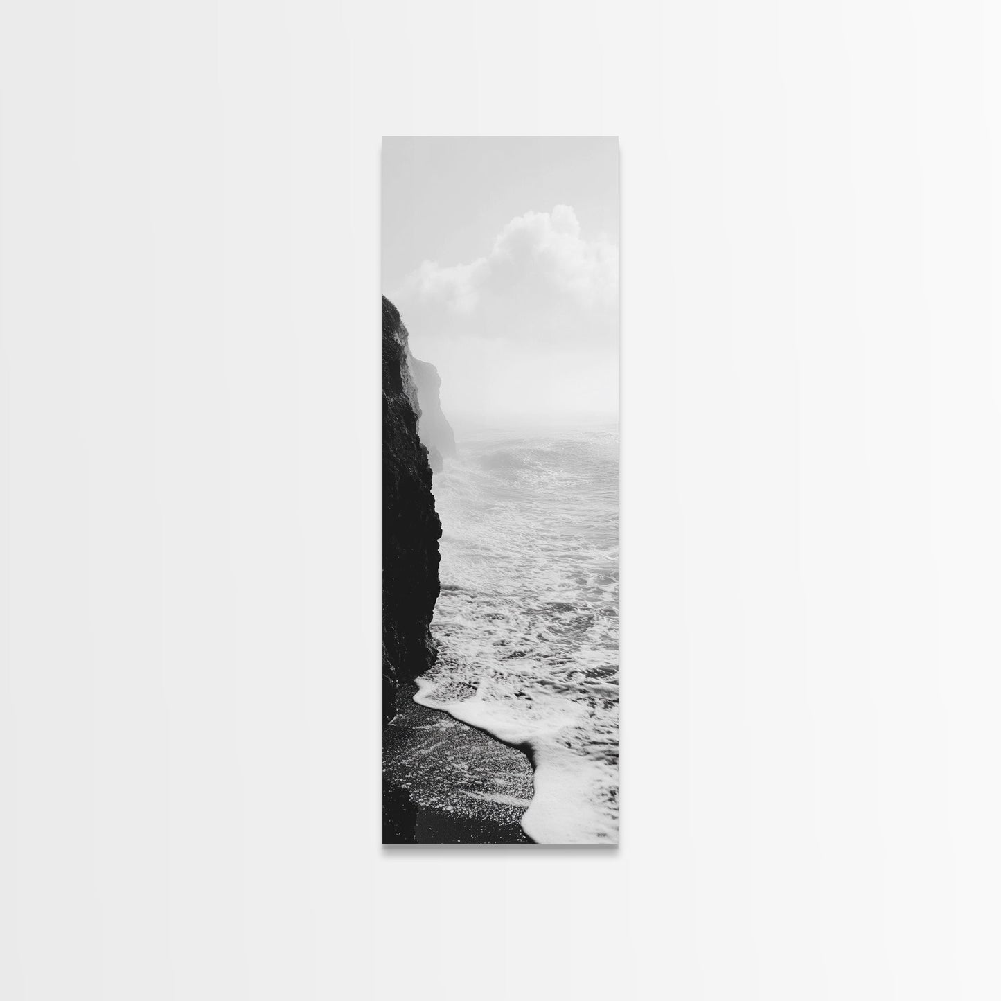 Coastal Cliff, Ocean Waves, Monochrome Seascape, Framed Canvas Print, Minimalist Ocean Art, Bathroom Decor, Nautical Wall Art