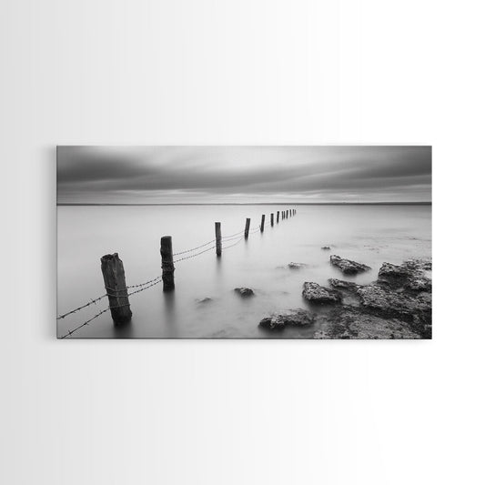 Coastal Fence Line, Tranquil Ocean Scene, Soft Minimalist Photo, Framed Canvas Print, Bathroom or Hallway Wall Art, Zen Vibes