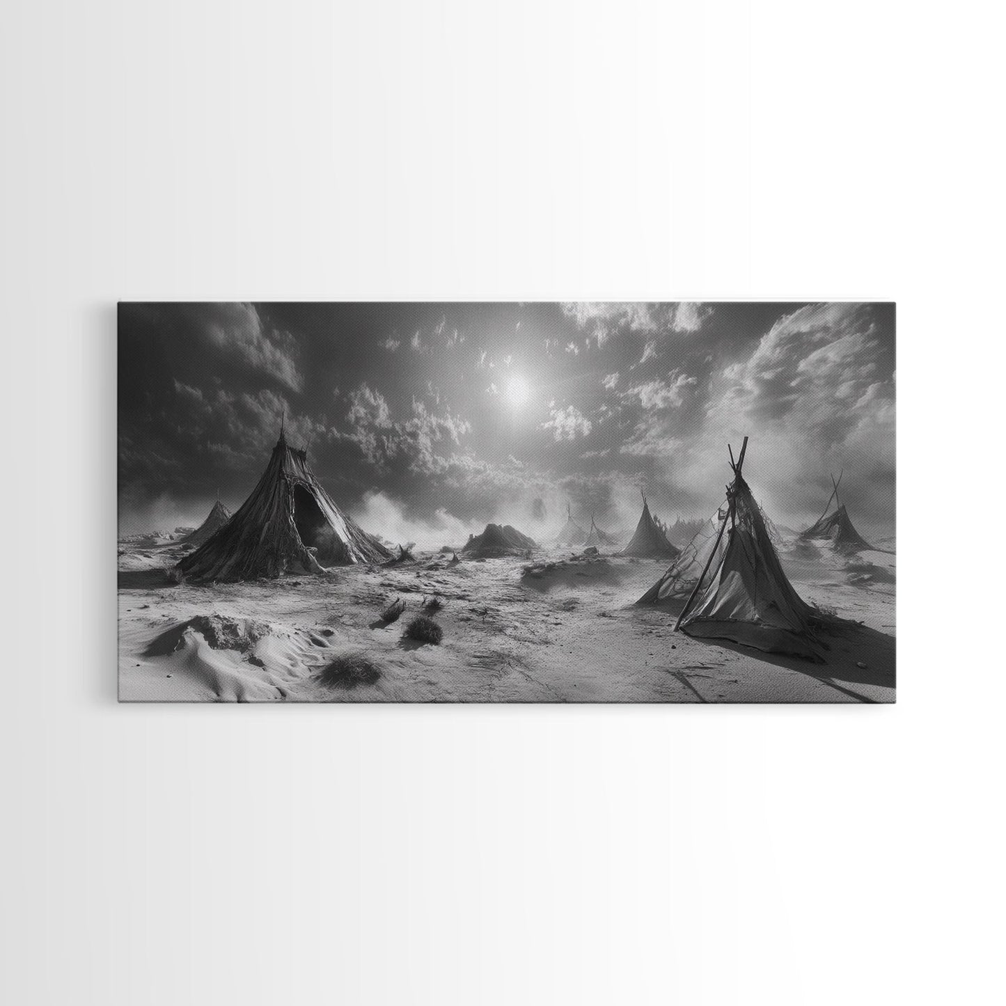 Wüstenzeltszene, surreale Stammeslandschaft, Zelte unter stürmischem Himmel, Leinwanddruck, Wandbild fürs Wohnzimmer, Boho-Nomaden-Ästhetik, Wandbild fürs Wohnzimmer