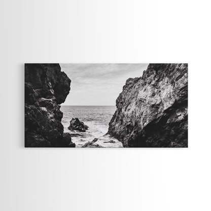 Rocky Coast View, Ocean Cliffs Art, Coastal Wilderness, Monochrome Seascape, Canvas Print, Bathroom Wall Art, Rustic Minimalist Style