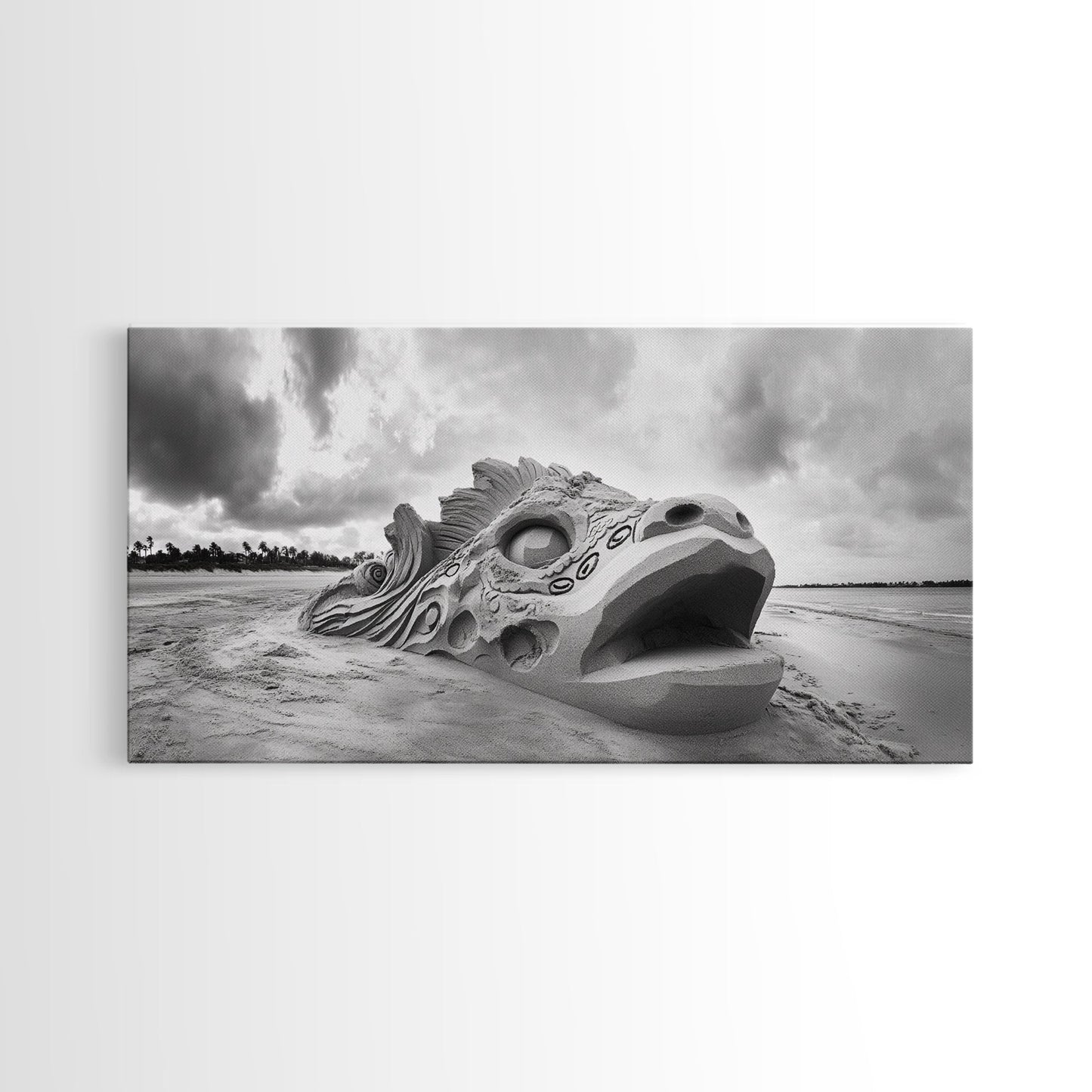 Dragon Head Sculpture, Beach Sand Art, Mythical Creature Decor, Fantasy Vibes, Framed Canvas Print, Game Room Wall Art, Office Wall Art