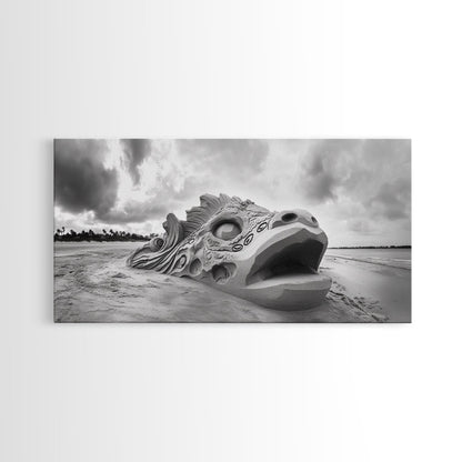 Dragon Head Sculpture, Beach Sand Art, Mythical Creature Decor, Fantasy Vibes, Framed Canvas Print, Game Room Wall Art, Office Wall Art
