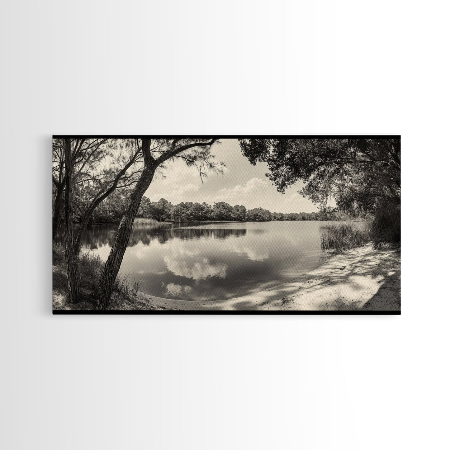 Tranquil Lake View, Peaceful Reflection Water, Nature Shoreline Print, Canvas Print, Entryway Wall Art, Rustic Neutral Decor, Rustic Bedroom Print