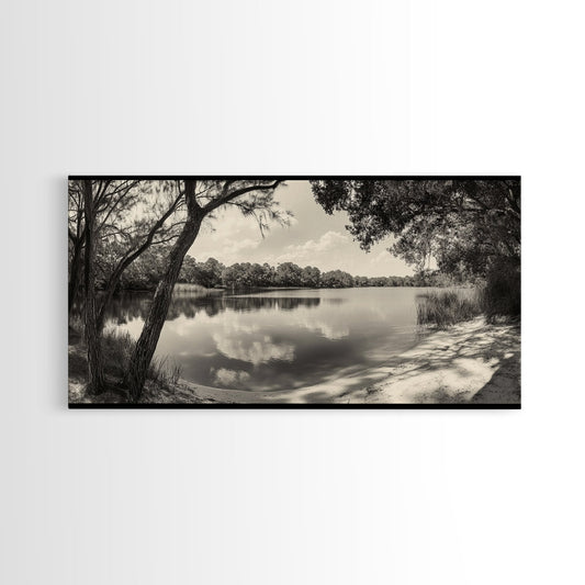 Tranquil Lake View, Peaceful Reflection Water, Nature Shoreline Print, Canvas Print, Entryway Wall Art, Rustic Neutral Decor, Rustic Bedroom Print