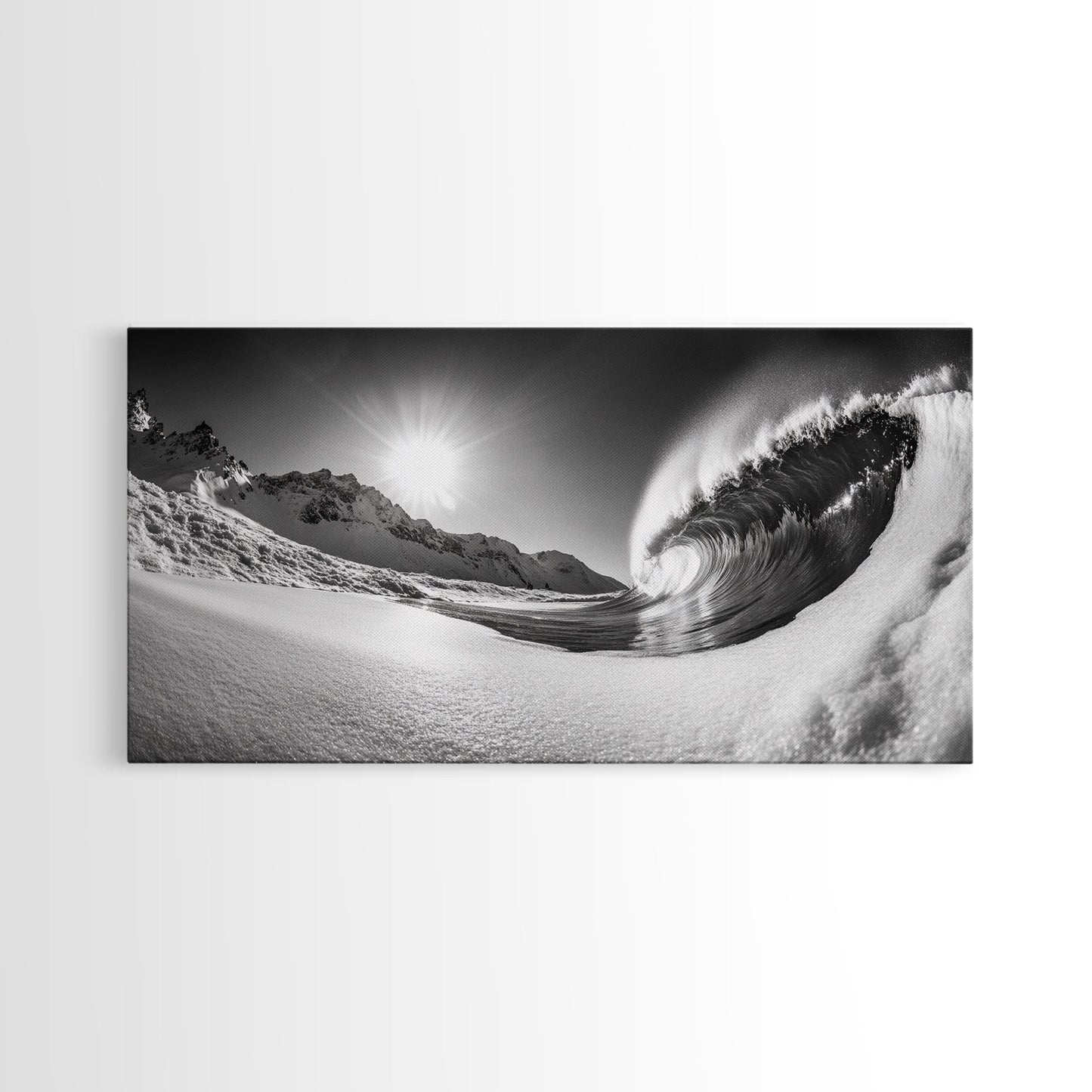 Arctic Wave Motion, Snowy Surf Curl, Mountain Sun Scene, Nature Energy Art, Canvas Print, Living Room Wall Art, Winter Adventure Decor