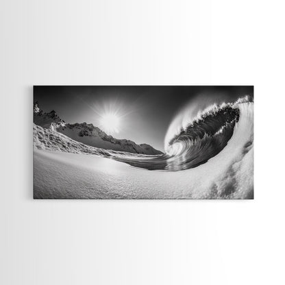 Arctic Wave Motion, Snowy Surf Curl, Mountain Sun Scene, Nature Energy Art, Canvas Print, Living Room Wall Art, Winter Adventure Decor