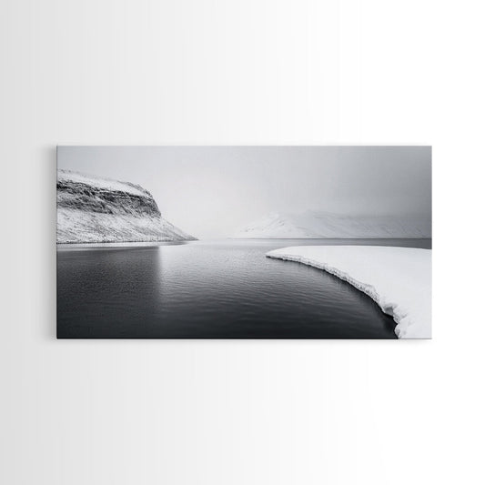 Arctic Coastline Silence, Minimal Snow Scene, Monochrome Nature Landscape, Framed Canvas Print, Scandinavian Wall Art, Office Calm Decor