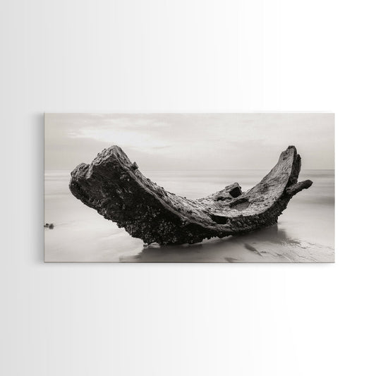Coastal Shipwreck, Moody Beach, Driftwood Aesthetic, Minimalist Seascape, Canvas Print, Nautical Wall Art, Bathroom Decor, Ocean Art