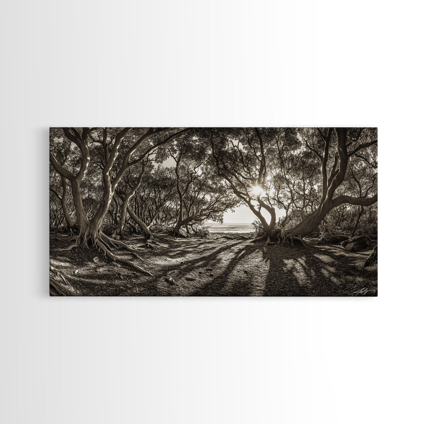 Verzauberter Wald – Licht, Baumschatten, Naturlandschaft, gerahmter Leinwanddruck, rustikale Wandkunst, Walddeko für den Eingangsbereich, Boho-Walddruck