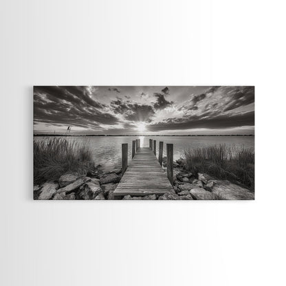 Rustic Dock Sunset, Lakehouse Art, Black White Landscape, Framed Canvas Print, Country Home Decor, Cabin Wall Art, Lakeside Tranquility