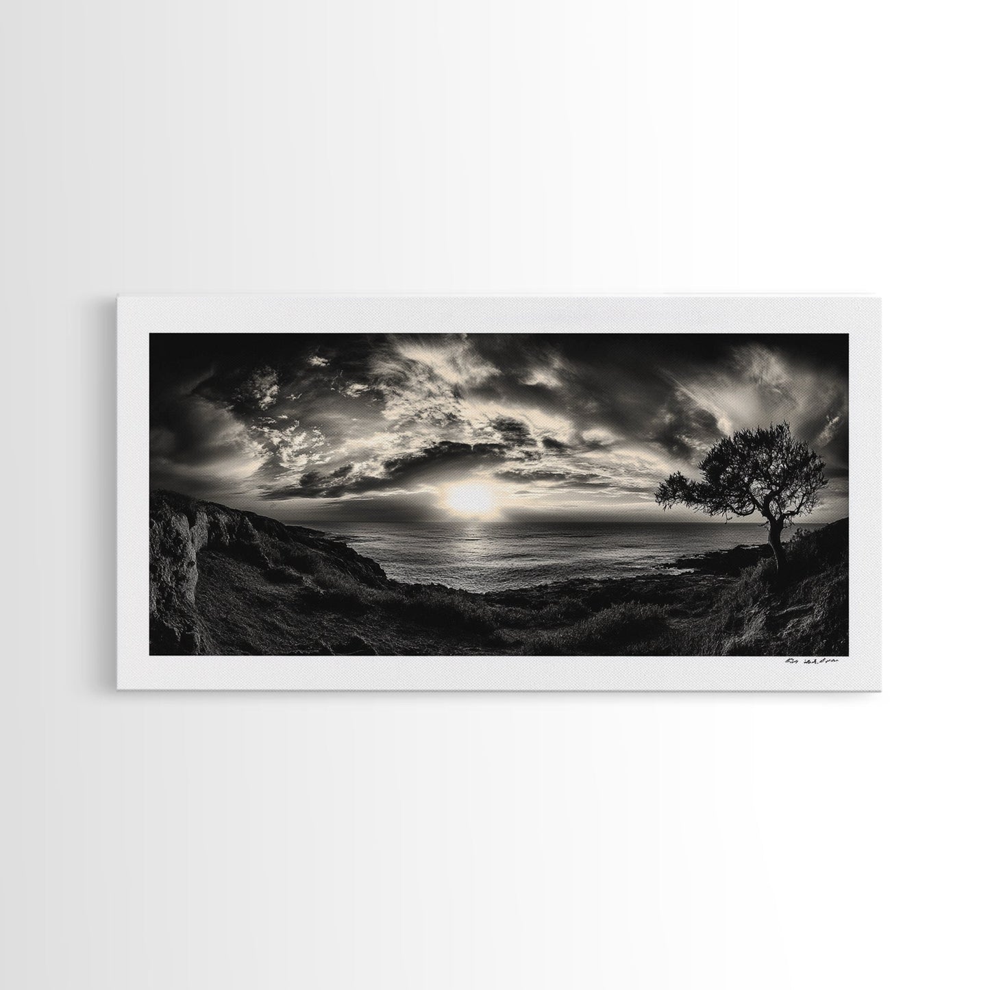 Dramatischer Sonnenuntergang über dem Meer, Küstenbaum, monochrome Landschaft, Leinwanddruck, Wandbild fürs Wohnzimmer, surreale Naturansicht, Meeresblick-Druck