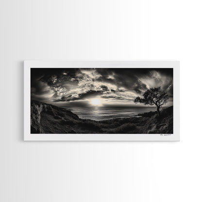 Dramatischer Sonnenuntergang über dem Meer, Küstenbaum, monochrome Landschaft, Leinwanddruck, Wandbild fürs Wohnzimmer, surreale Naturansicht, Meeresblick-Druck