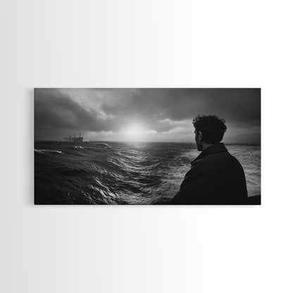 Mann beobachtet Meer, stürmischer Ozeanblick, emotionale Szene, Leinwanddruck, stimmungsvolle Küstendekoration, Wandbild fürs Büro, maritimer Monochrom-Stil