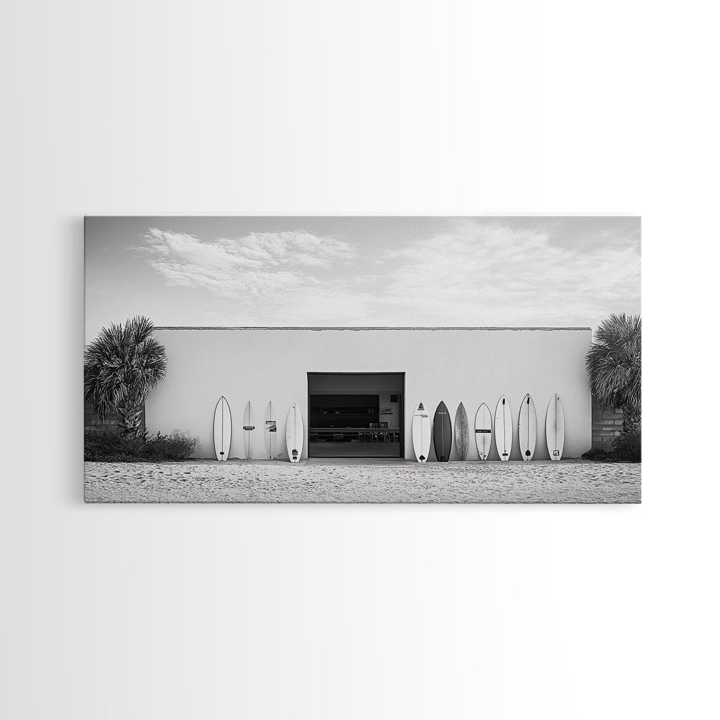 Surfboards, Beach Garage, Modern Coastal, Ocean Style, Framed Canvas Print, surf shack decor, teen room wall art, minimalist beach art