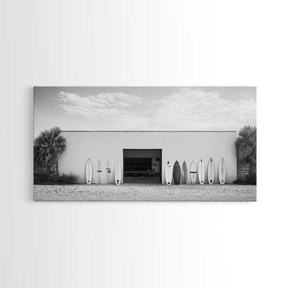 Surfboards, Beach Garage, Modern Coastal, Ocean Style, Framed Canvas Print, surf shack decor, teen room wall art, minimalist beach art