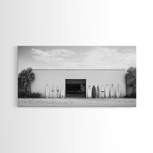 Surfboards, Beach Garage, Modern Coastal, Ocean Style, Framed Canvas Print, surf shack decor, teen room wall art, minimalist beach art
