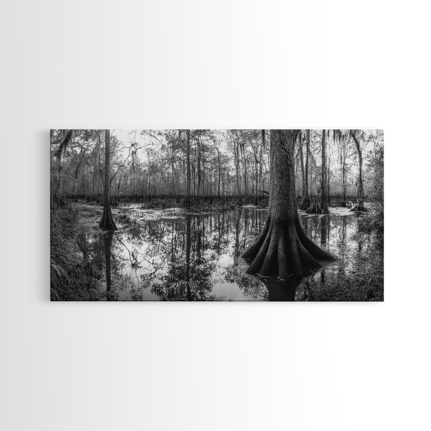 Sumpfbäume, Zypressenwasser, Naturspiegelungen, Marschlandschaft, gerahmter Leinwanddruck, rustikale Hüttendekoration, Wandbild für den Flur, Waldmotiv