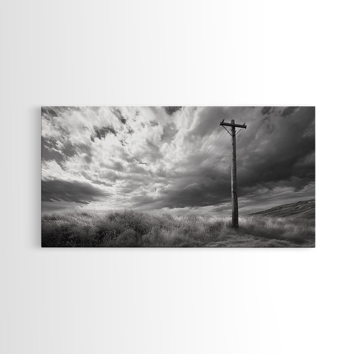 Strommast, ländliche Landschaft, stürmischer Himmel, ländliche Ruhe, gerahmter Leinwanddruck, Wandbild für den Eingangsbereich eines Bauernhauses, rustikaler Schwarz-Weiß-Druck