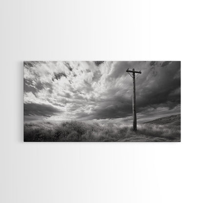 Strommast, ländliche Landschaft, stürmischer Himmel, ländliche Ruhe, gerahmter Leinwanddruck, Wandbild für den Eingangsbereich eines Bauernhauses, rustikaler Schwarz-Weiß-Druck
