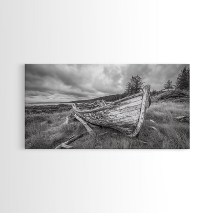 Abandoned Boat, Weathered Vessel, Coastal Forest, Framed Canvas Print, Farmhouse Wall Art, Rustic Cabin Decor, Autumn Vibe, Living Room Art