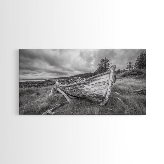 Abandoned Boat, Weathered Vessel, Coastal Forest, Framed Canvas Print, Farmhouse Wall Art, Rustic Cabin Decor, Autumn Vibe, Living Room Art