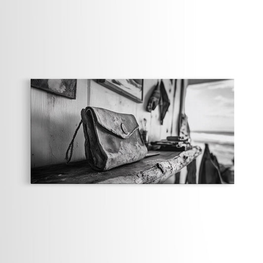 Vintage Leather Bag, Rustic Shelf, Coastal Interior, Framed Canvas Print, Boho Wall Art, Entryway or Office Decor, Earthy Tones