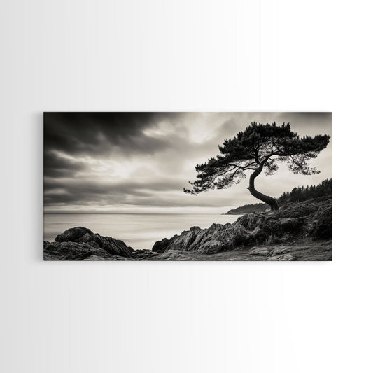 Coastal Tree, Windswept Cliff, Serene Horizon, Nature Escape, Framed Canvas Print, minimalist wall art, bedroom decor, zen nature print