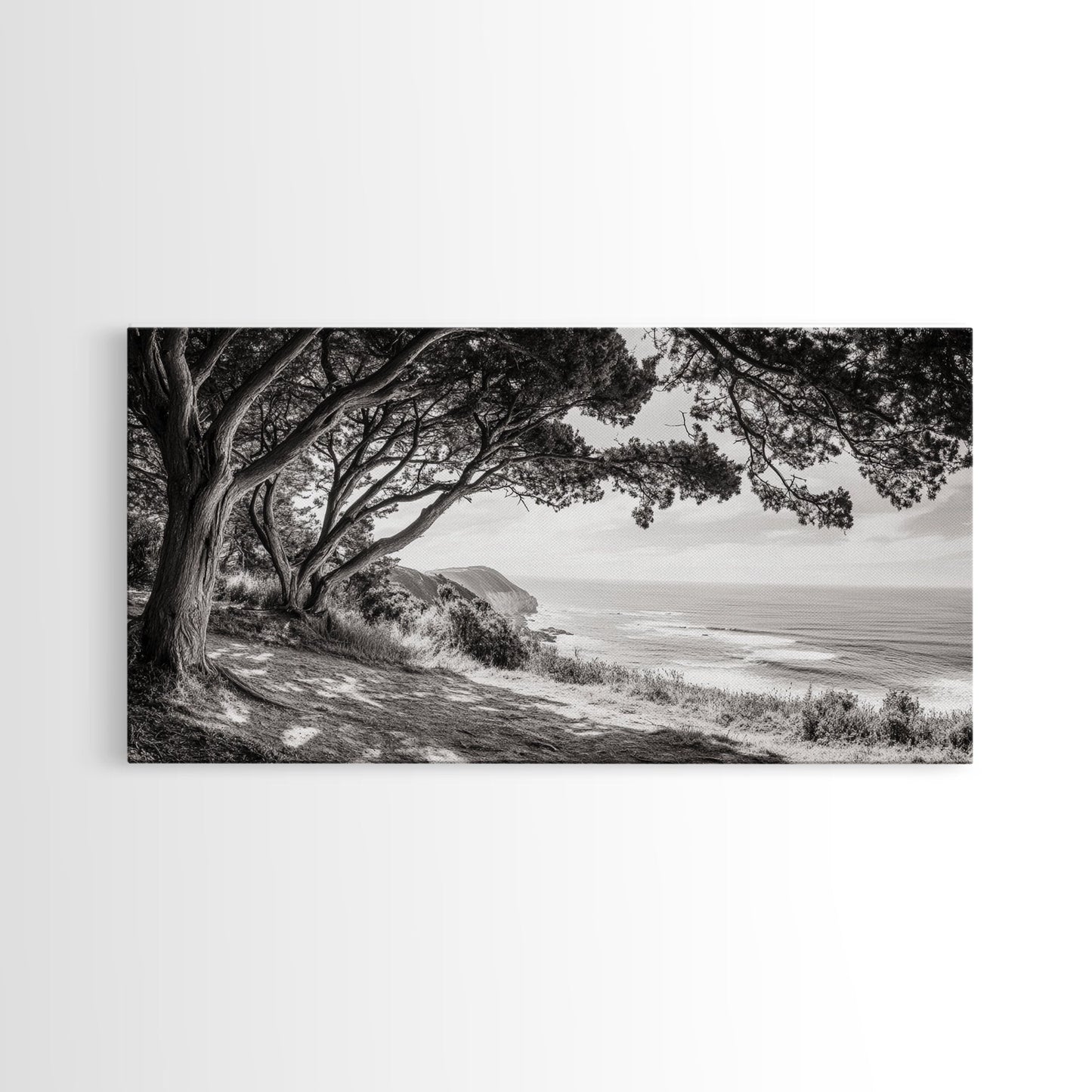 Ocean View, Coastal Trees, Cliffside Vista, Light and Shadows, Framed Canvas Print, landscape wall art, modern beach decor, boho living room
