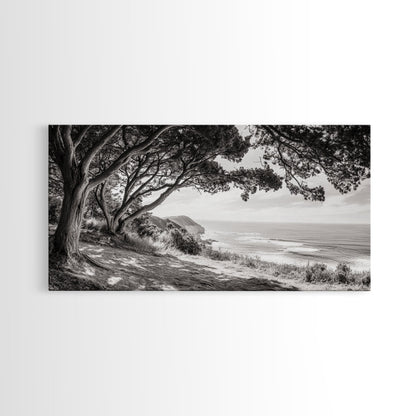 Ocean View, Coastal Trees, Cliffside Vista, Light and Shadows, Framed Canvas Print, landscape wall art, modern beach decor, boho living room