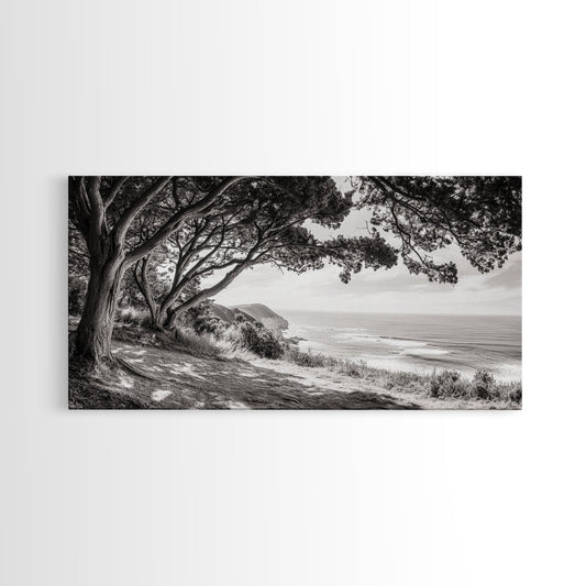 Ocean View, Coastal Trees, Cliffside Vista, Light and Shadows, Framed Canvas Print, landscape wall art, modern beach decor, boho living room